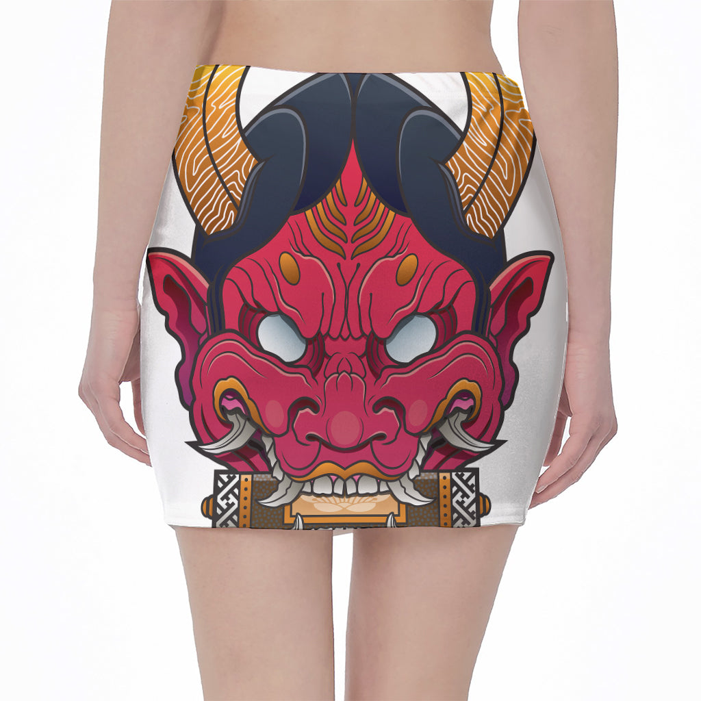 Japanese Demon Mask Print Pencil Mini Skirt