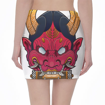Japanese Demon Mask Print Pencil Mini Skirt