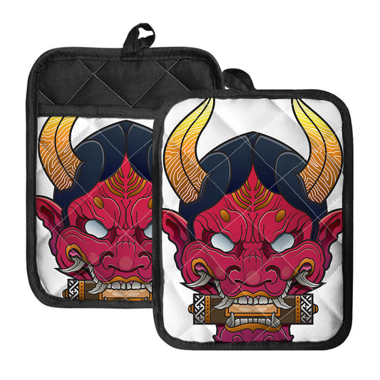 Japanese Demon Mask Print Pot Holders With Pocket