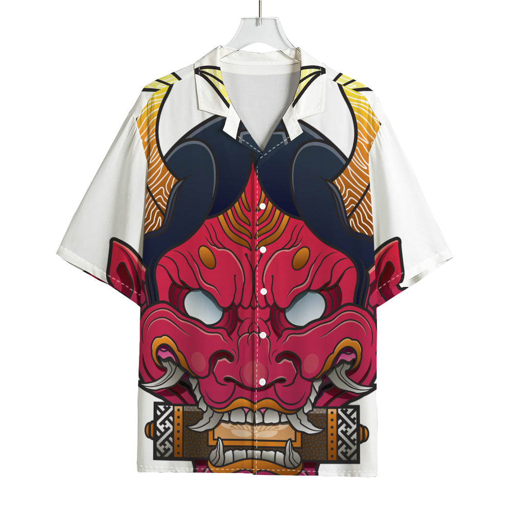 Japanese Demon Mask Print Rayon Hawaiian Shirt