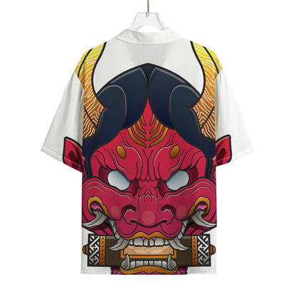 Japanese Demon Mask Print Rayon Hawaiian Shirt
