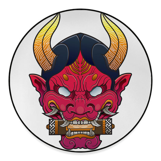 Japanese Demon Mask Print Round Floor Mat