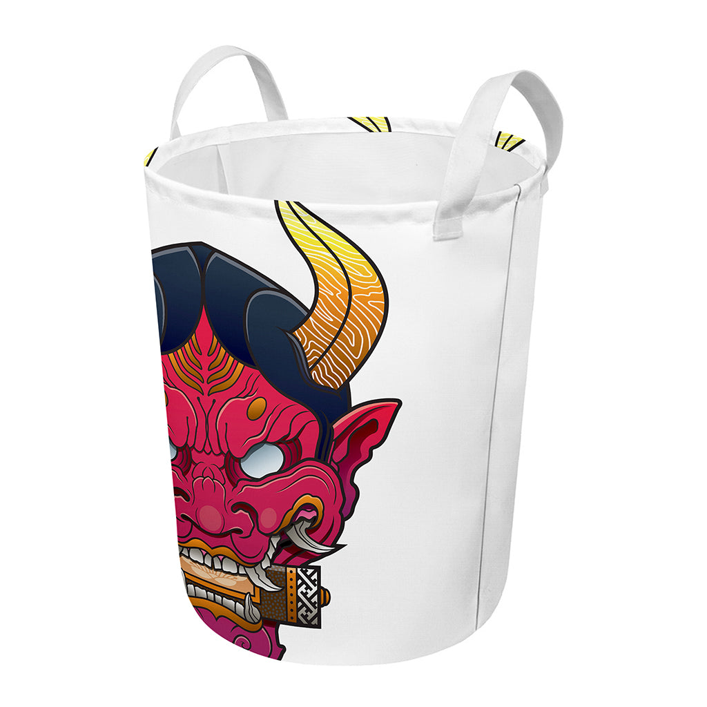 Japanese Demon Mask Print Round Laundry Basket
