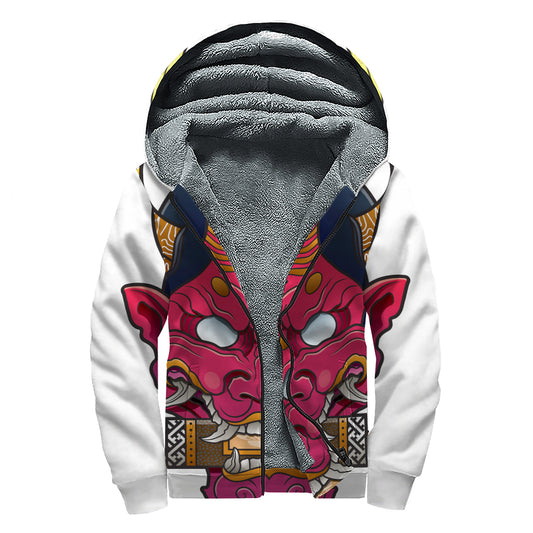 Japanese Demon Mask Print Sherpa Lined Zip Up Hoodie