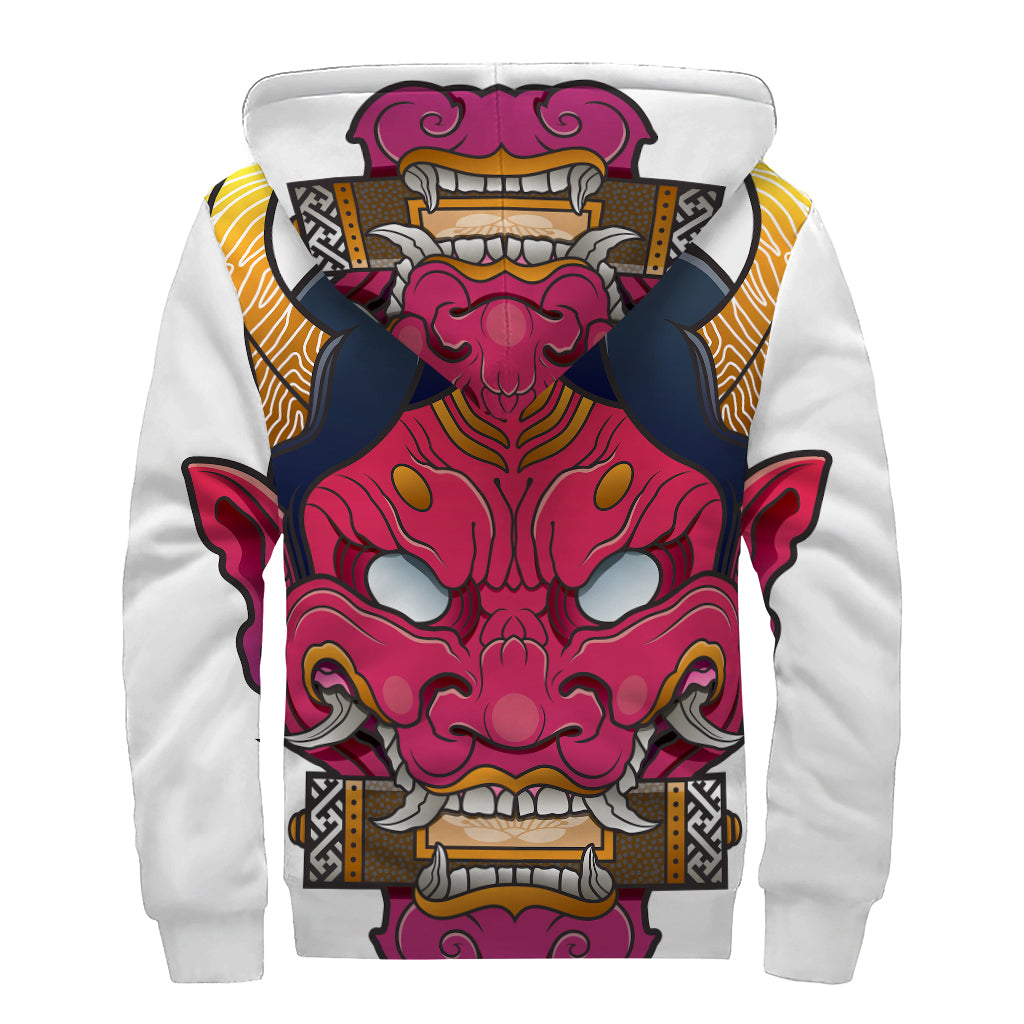 Japanese Demon Mask Print Sherpa Lined Zip Up Hoodie