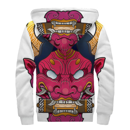 Japanese Demon Mask Print Sherpa Lined Zip Up Hoodie