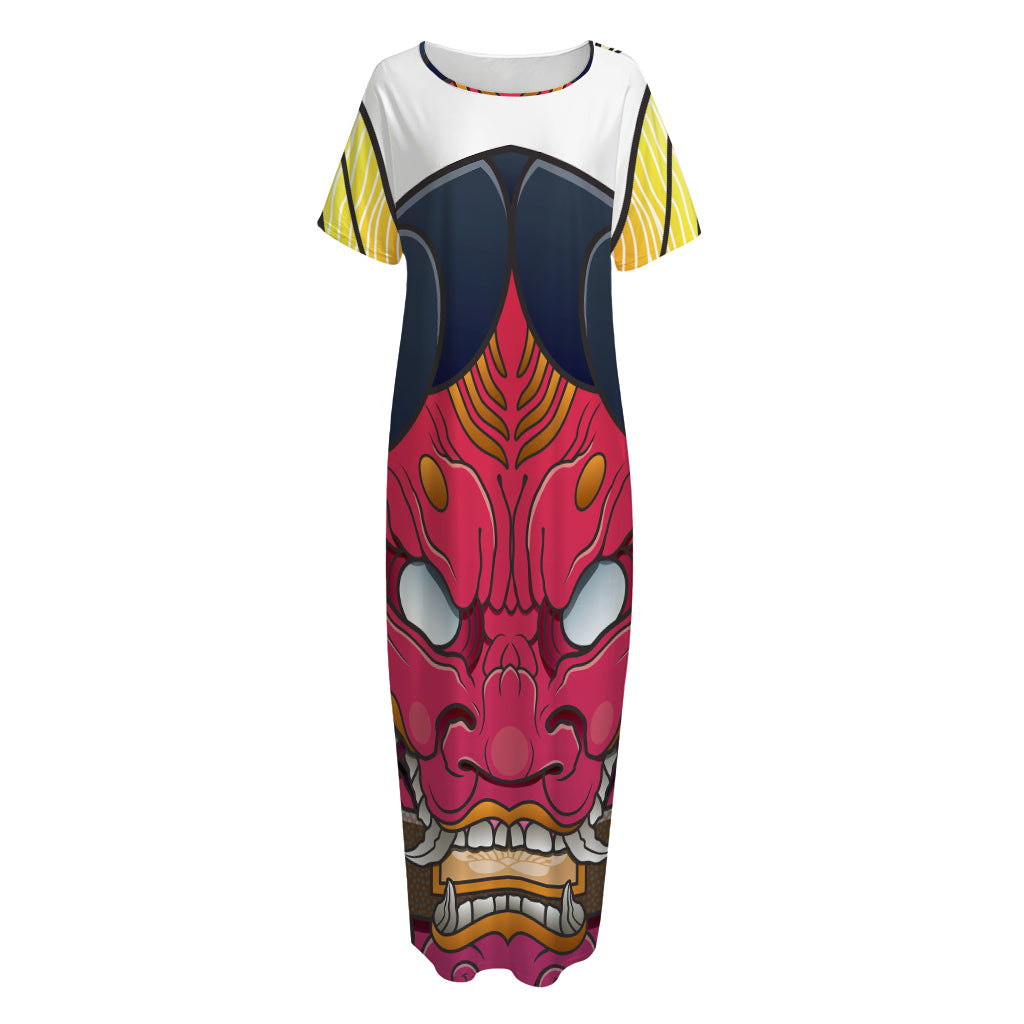 Japanese Demon Mask Print Short Sleeve Long Nightdress