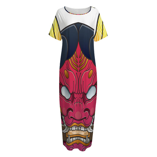 Japanese Demon Mask Print Short Sleeve Long Nightdress