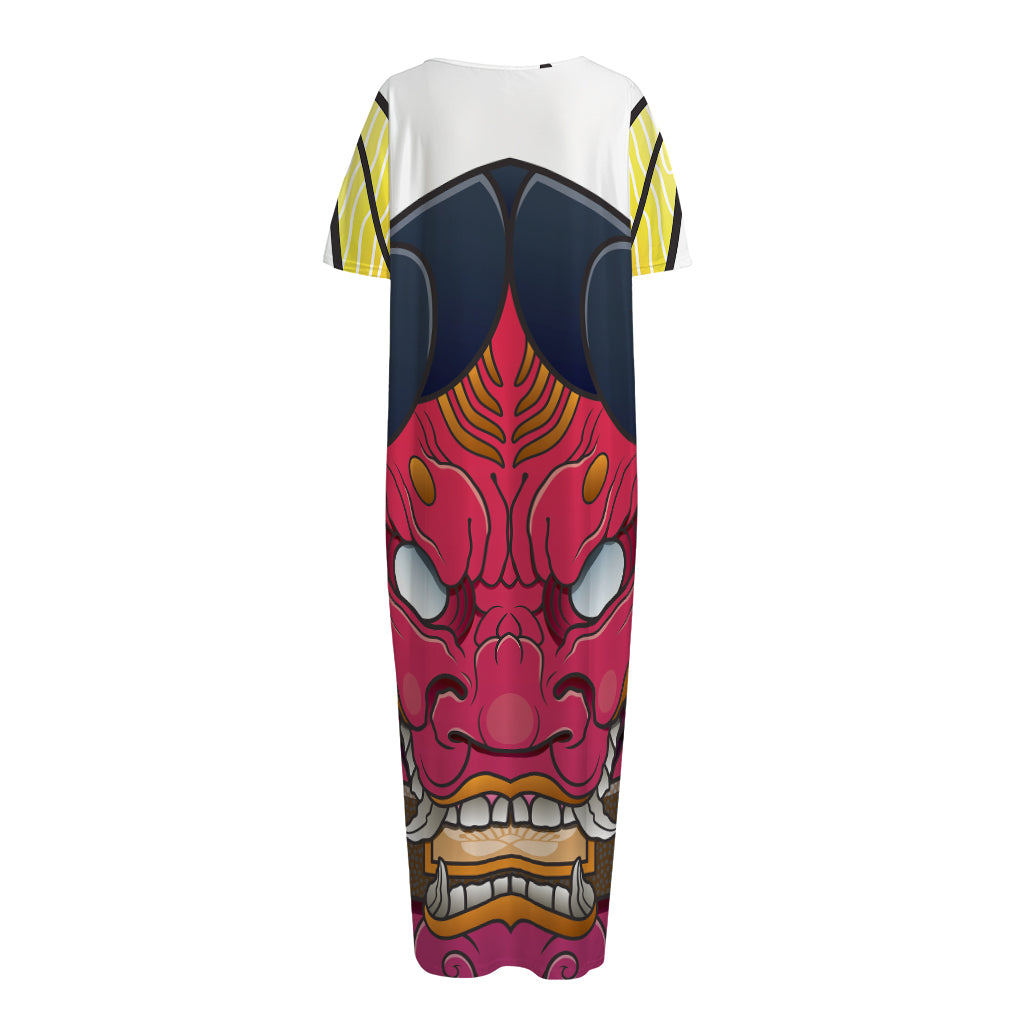 Japanese Demon Mask Print Short Sleeve Long Nightdress