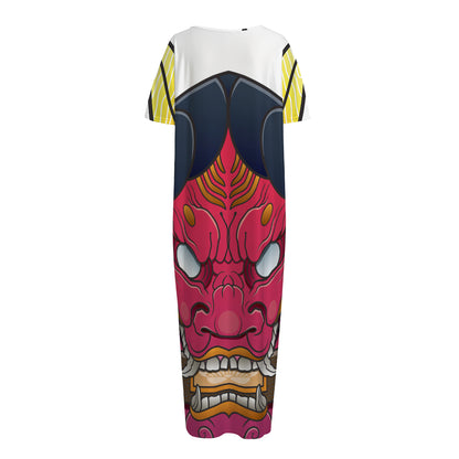 Japanese Demon Mask Print Short Sleeve Long Nightdress