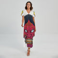 Japanese Demon Mask Print Short Sleeve Maxi Dress