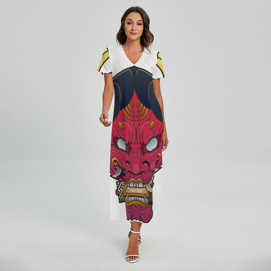 Japanese Demon Mask Print Short Sleeve Maxi Dress
