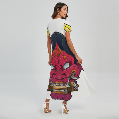 Japanese Demon Mask Print Short Sleeve Maxi Dress