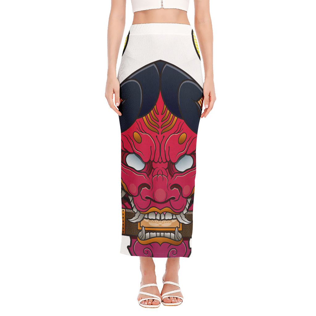 Japanese Demon Mask Print Side Slit Maxi Skirt