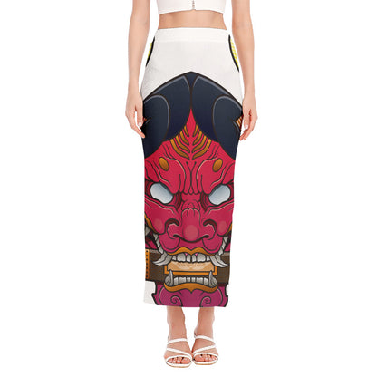 Japanese Demon Mask Print Side Slit Maxi Skirt
