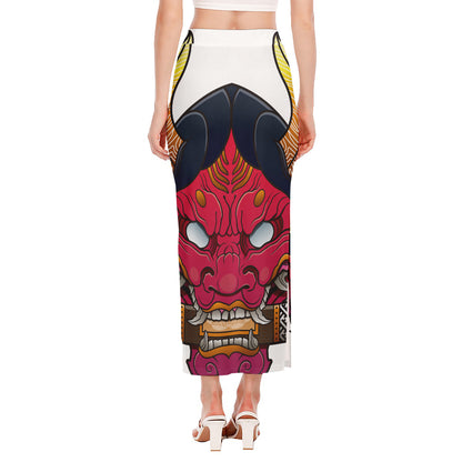 Japanese Demon Mask Print Side Slit Maxi Skirt