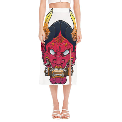 Japanese Demon Mask Print Side Slit Midi Skirt