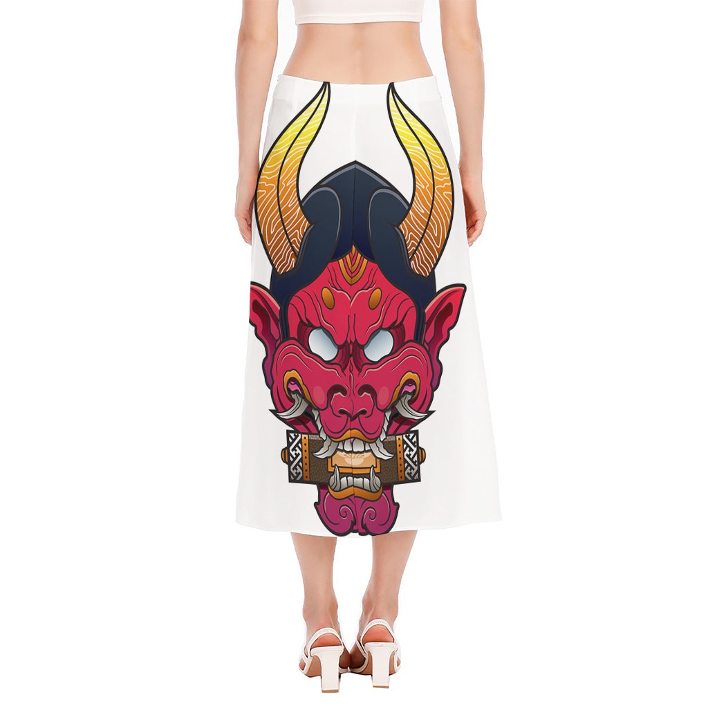 Japanese Demon Mask Print Side Slit Midi Skirt