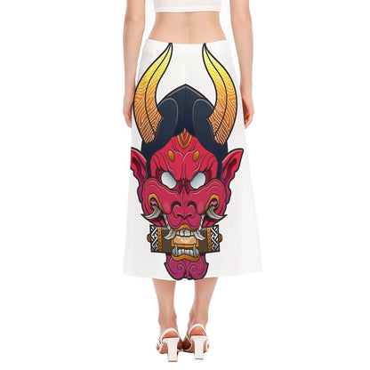 Japanese Demon Mask Print Side Slit Midi Skirt