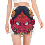 Japanese Demon Mask Print Side Slit Mini Skirt