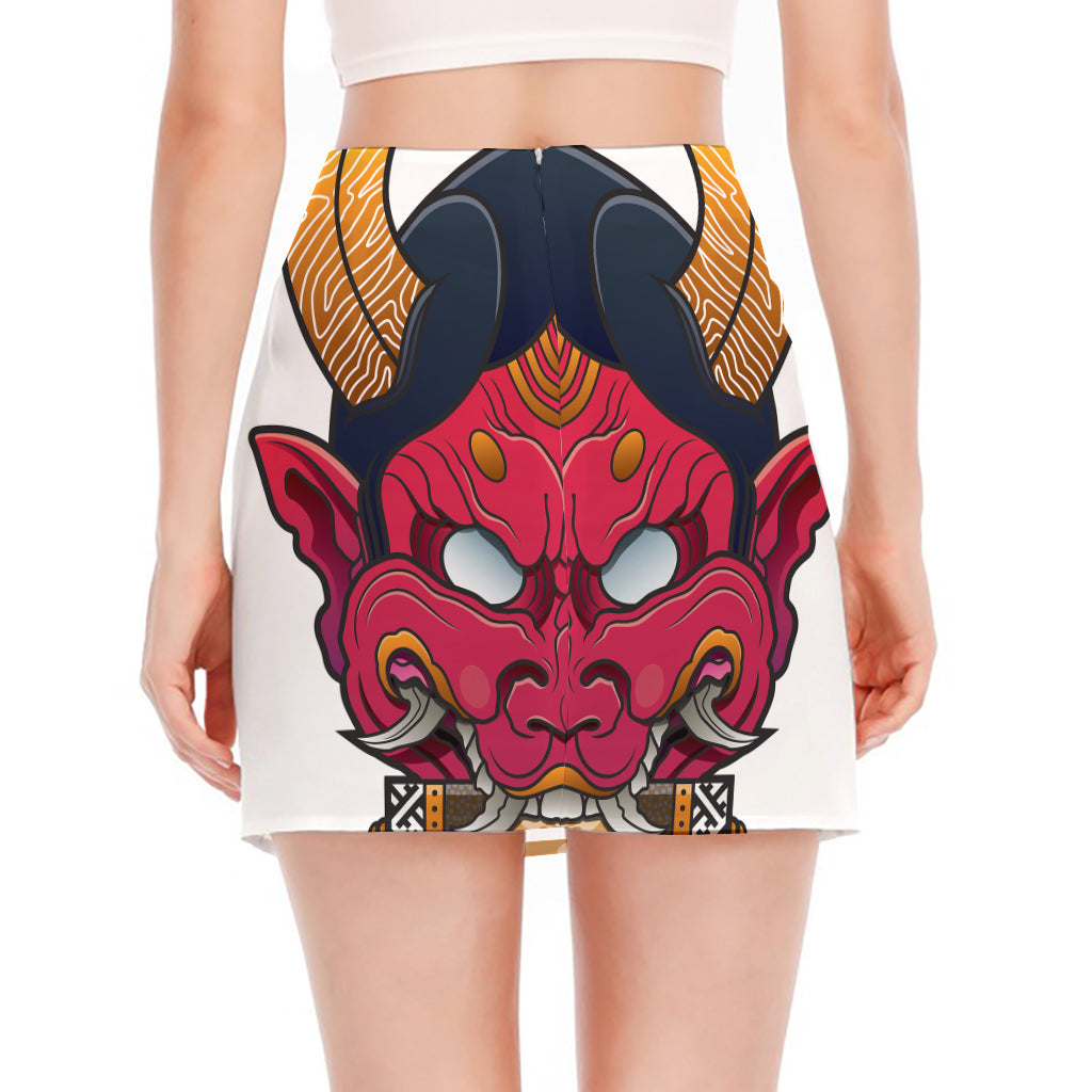 Japanese Demon Mask Print Side Slit Mini Skirt