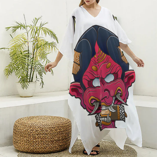 Japanese Demon Mask Print Silk V-Neck Kaftan Dress