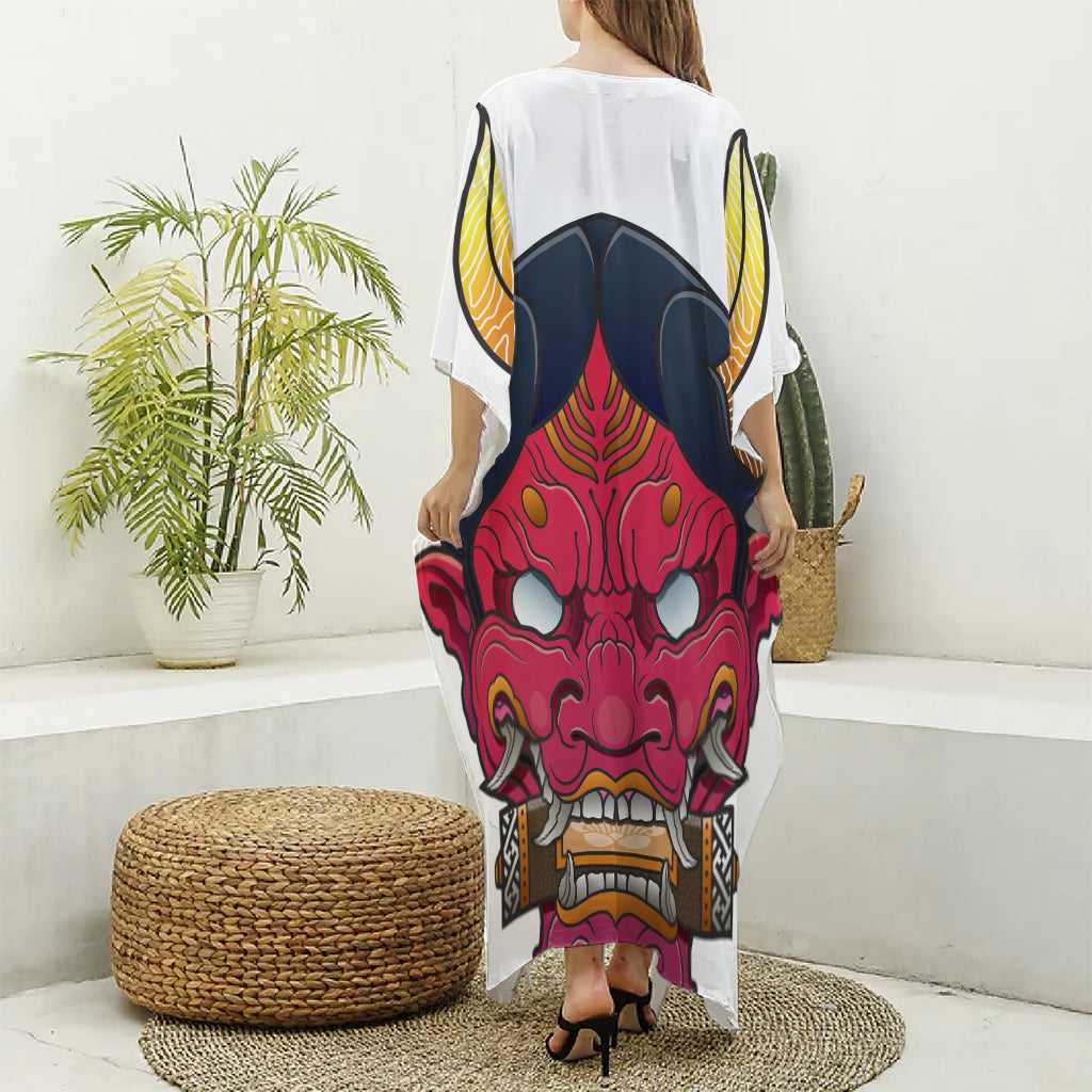 Japanese Demon Mask Print Silk V-Neck Kaftan Dress