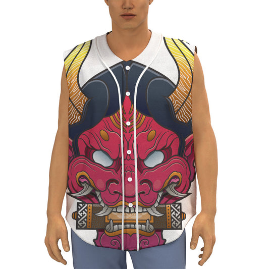 Japanese Demon Mask Print Sleeveless Baseball Jersey