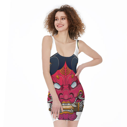 Japanese Demon Mask Print Sleeveless Bodycon Dress