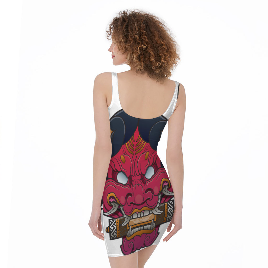 Japanese Demon Mask Print Sleeveless Bodycon Dress