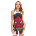 Japanese Demon Mask Print Sleeveless One Piece Swimsuit