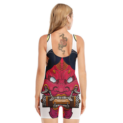 Japanese Demon Mask Print Sleeveless One Piece Swimsuit