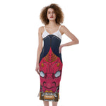 Japanese Demon Mask Print Slim Fit Midi Cami Dress