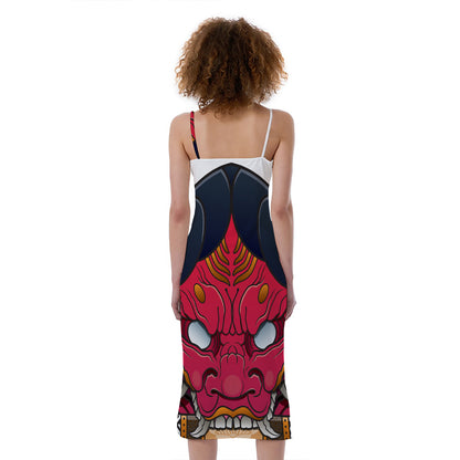 Japanese Demon Mask Print Slim Fit Midi Cami Dress