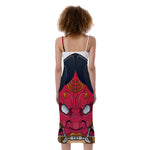 Japanese Demon Mask Print Slim Fit Midi Cami Dress