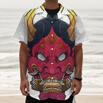 Japanese Demon Mask Print Textured Short Sleeve Shirt