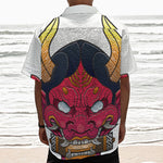 Japanese Demon Mask Print Textured Short Sleeve Shirt