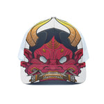 Japanese Demon Mask Print White Mesh Trucker Cap