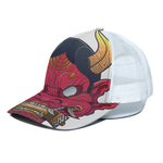 Japanese Demon Mask Print White Mesh Trucker Cap