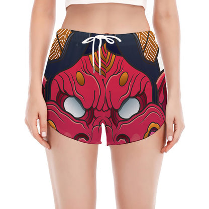 Japanese Demon Mask Print Women's Split Running Shorts
