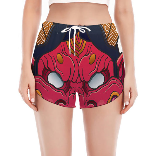 Japanese Demon Mask Print Women's Split Running Shorts