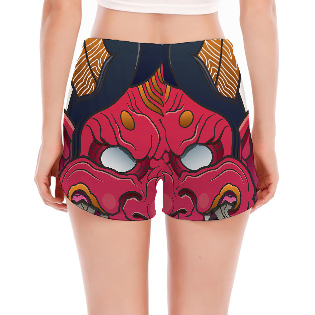 Japanese Demon Mask Print Women's Split Running Shorts