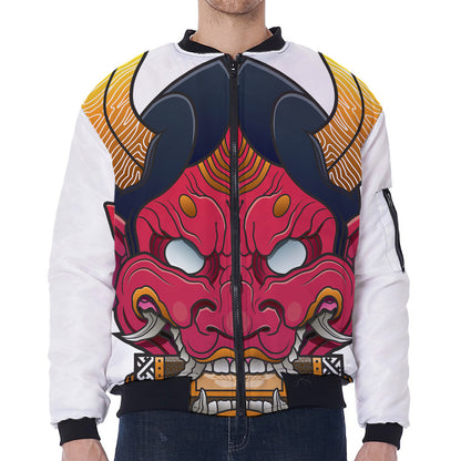 Japanese Demon Mask Print Zip Sleeve Bomber Jacket