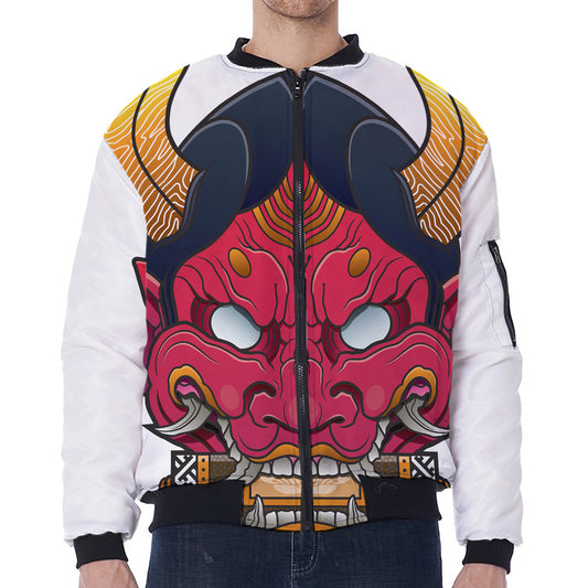 Japanese Demon Mask Print Zip Sleeve Bomber Jacket