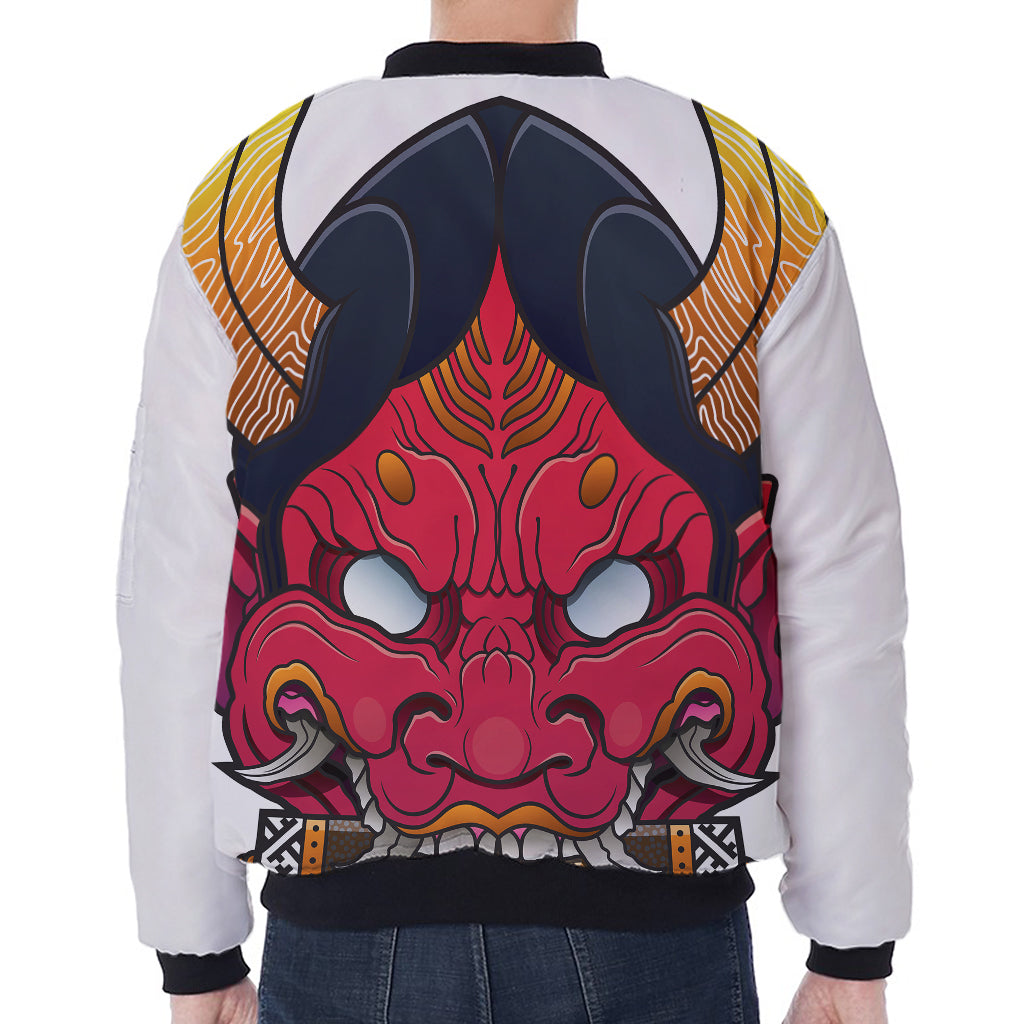 Japanese Demon Mask Print Zip Sleeve Bomber Jacket