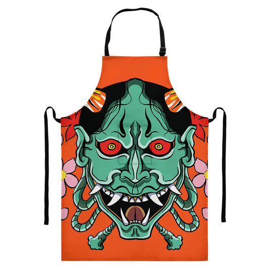 Japanese Demon Print Bib Apron With Pocket