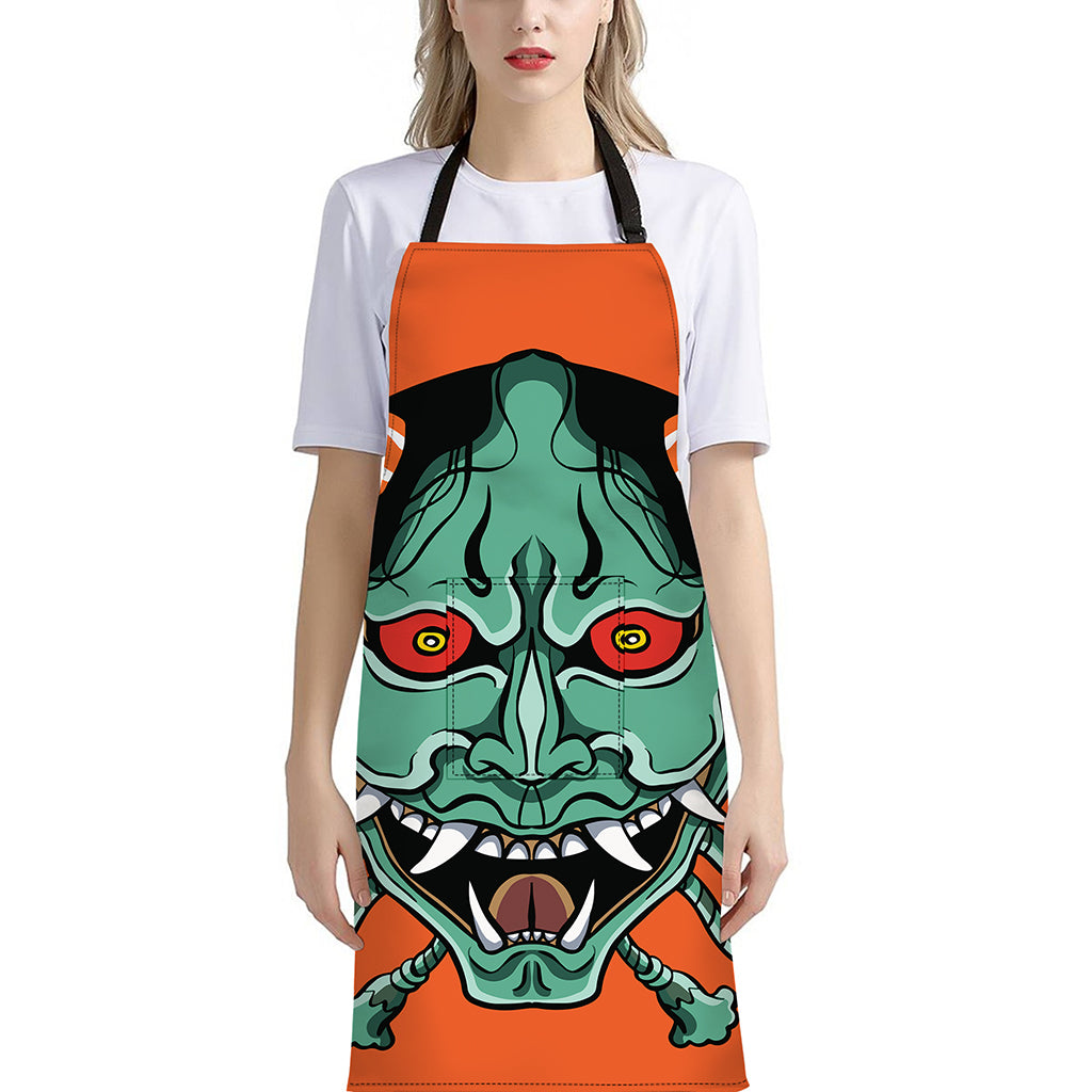 Japanese Demon Print Bib Apron With Pocket