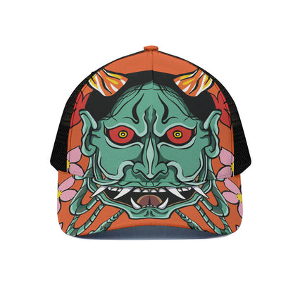 Japanese Demon Print Black Mesh Trucker Cap