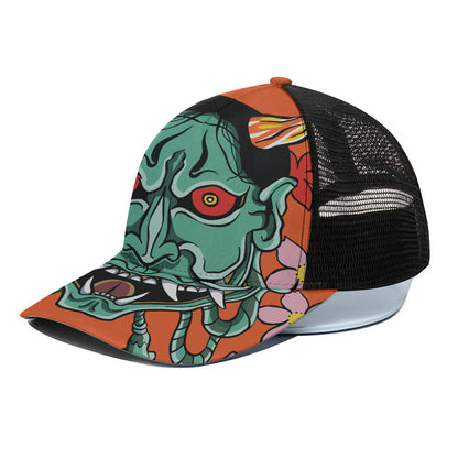 Japanese Demon Print Black Mesh Trucker Cap