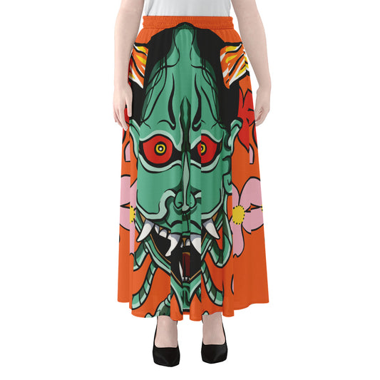 Japanese Demon Print Chiffon Maxi Skirt
